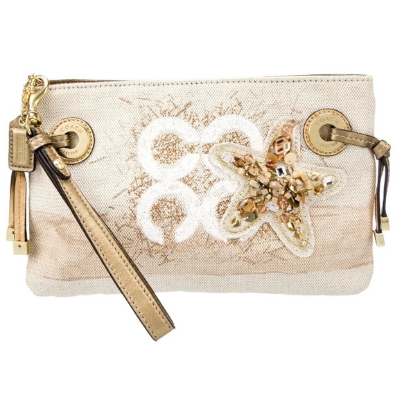 Rare Y2K COACH Audrey Starfish Beach Beige Crystals Large Wristlet Pouch NEW CON - Picture 1 of 15